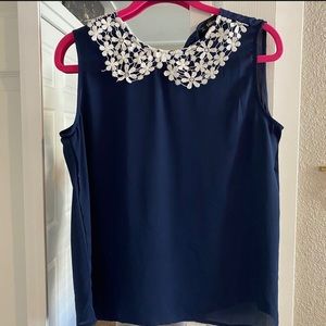 Navy Blue Guipure Lace Collar Shell Top